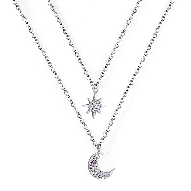 Moon + 8-pointed star with diamonds pendant double chain 40+35+5cm steel color