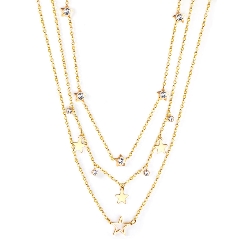 5 stars with diamonds + 3 stars + 4 diamonds + big star accessory pendant triple chain 50+42+40+5cm gold color