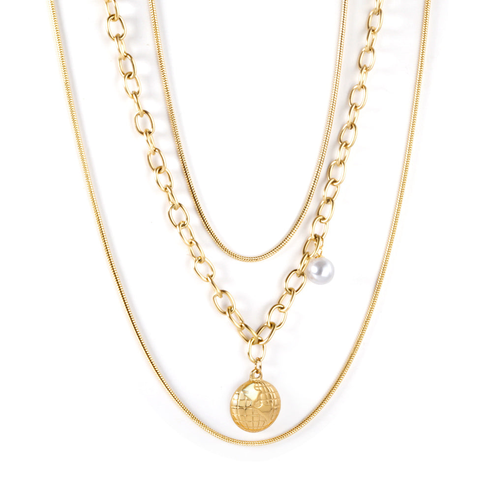 Double Matching Chain + Half Round with White Pearl Pendant Triple Necklace 50+45+43+5cm Golden asonjewelry
