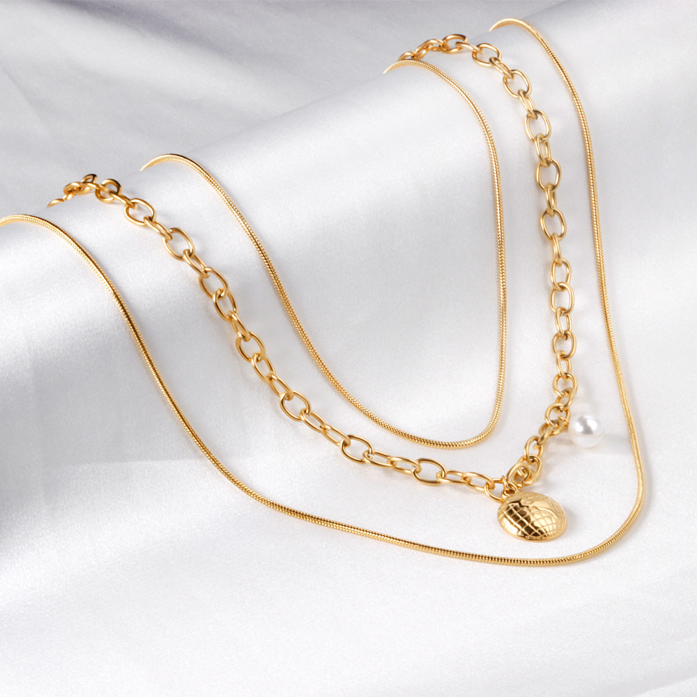 Double Matching Chain + Half Round with White Pearl Pendant Triple Necklace 50+45+43+5cm Golden asonjewelry