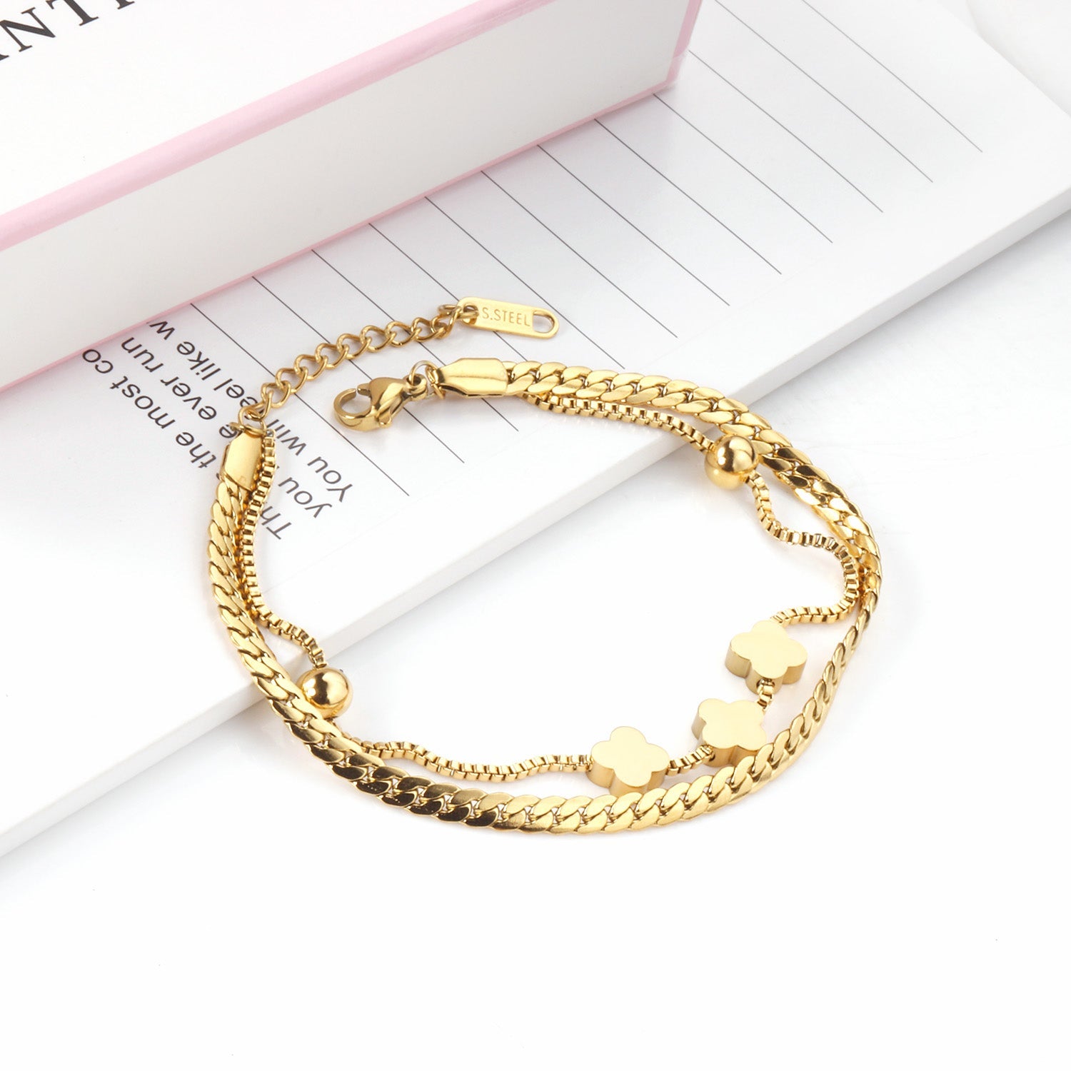 6mm steel beads + 8mm clover with steel beads bracelet 18+3cm asonjewelry