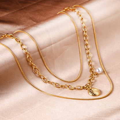 Double Matching Chain + Half Round with White Pearl Pendant Triple Necklace 50+45+43+5cm Golden asonjewelry
