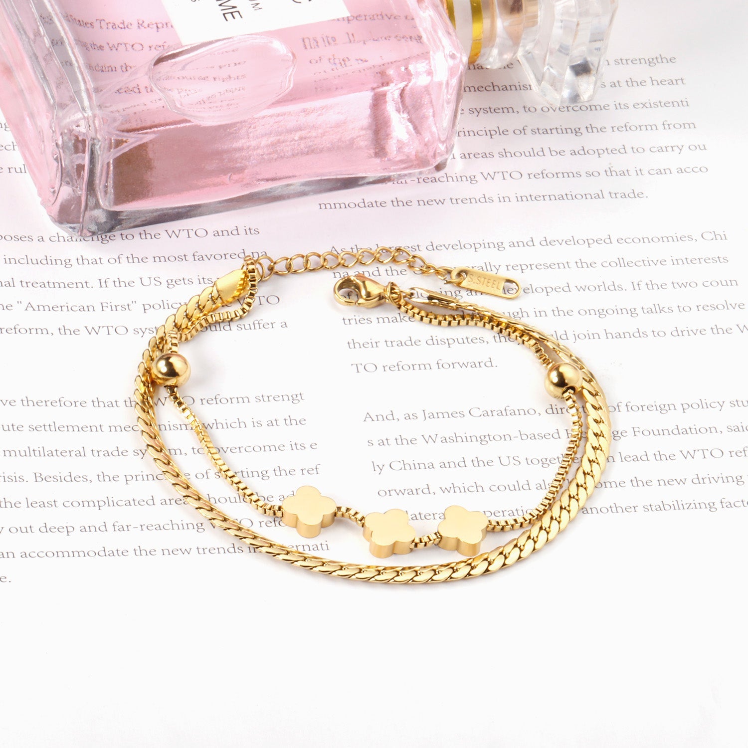 6mm steel beads + 8mm clover with steel beads bracelet 18+3cm asonjewelry