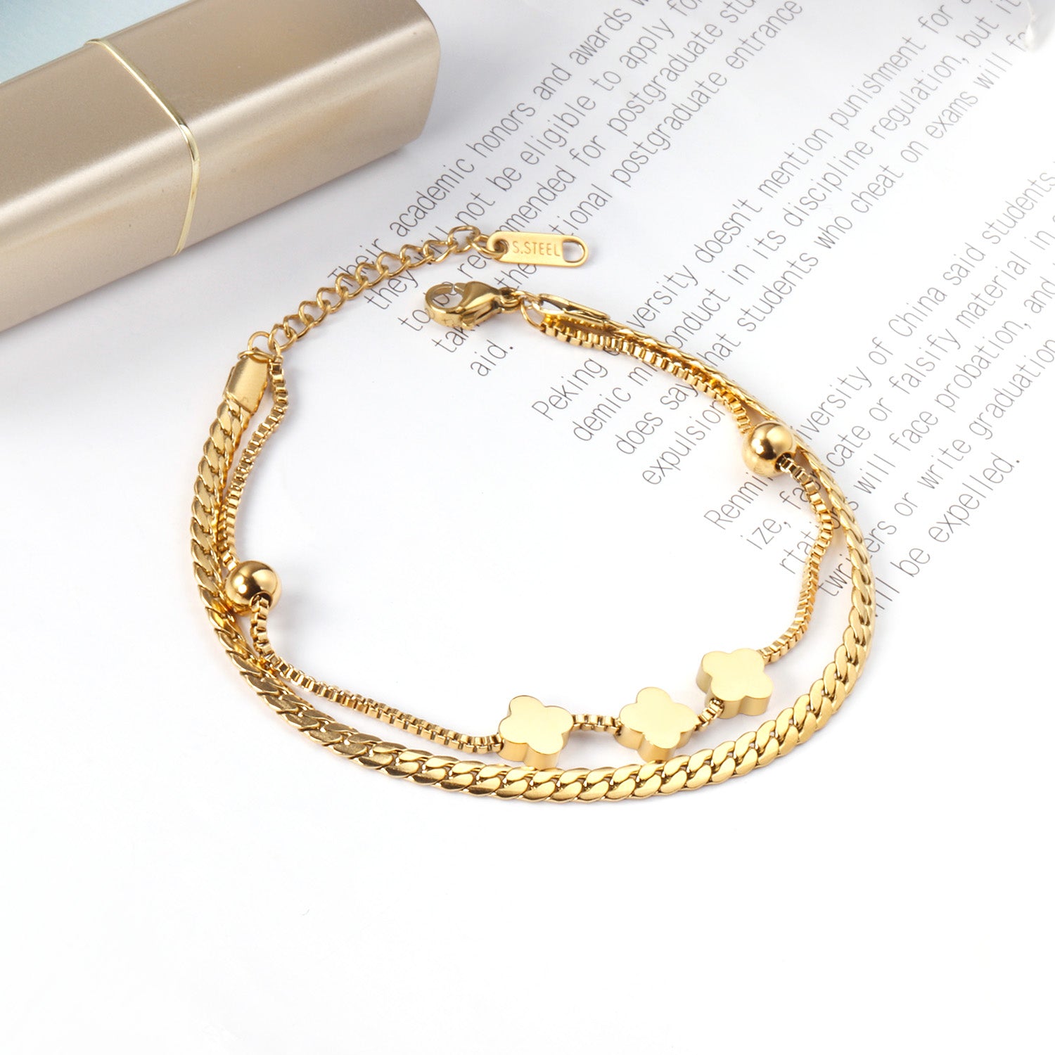 6mm steel beads + 8mm clover with steel beads bracelet 18+3cm asonjewelry