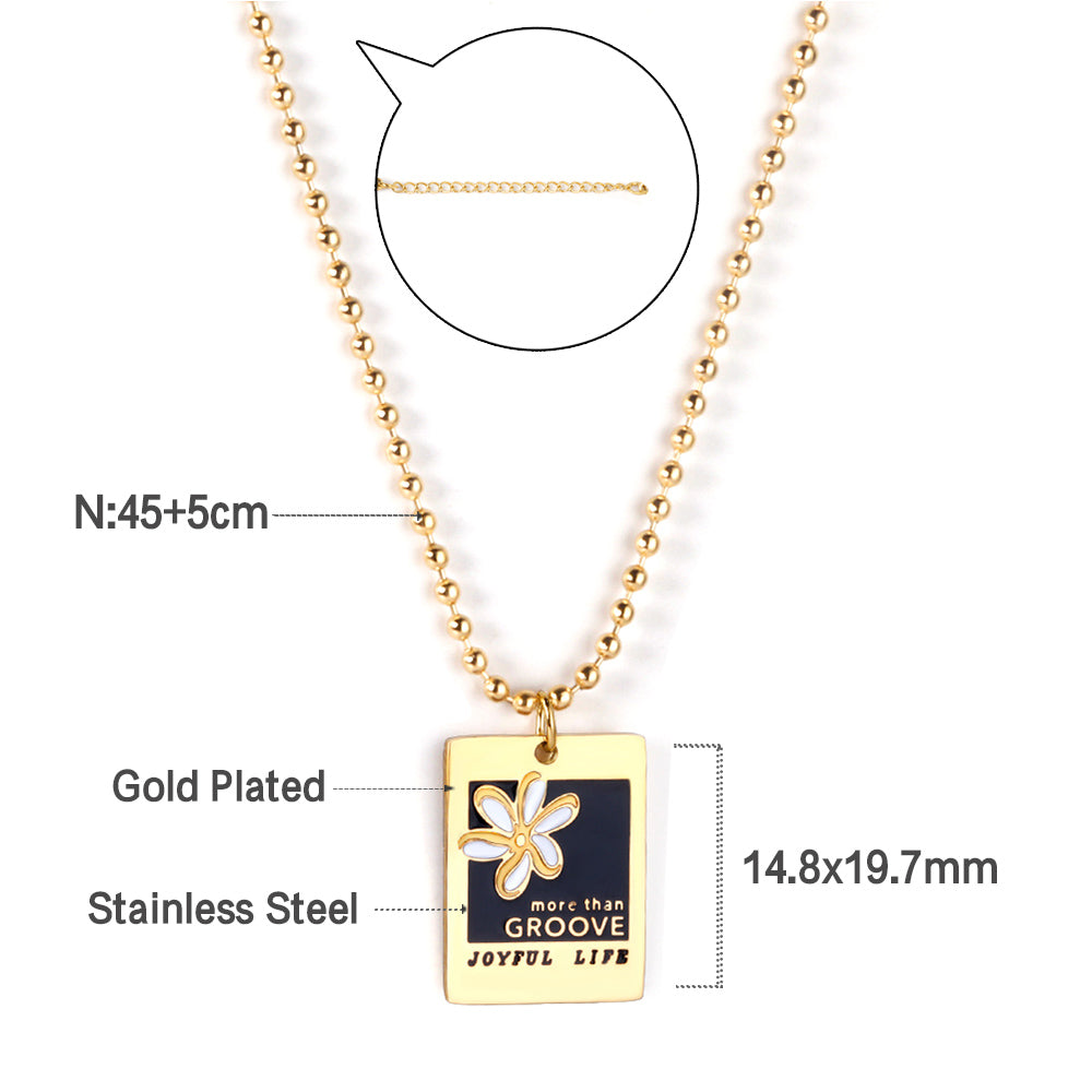 Beaded Chain + Rectangular Black and White Accessories Pendant Necklace 45+5cm Golden asonjewelry