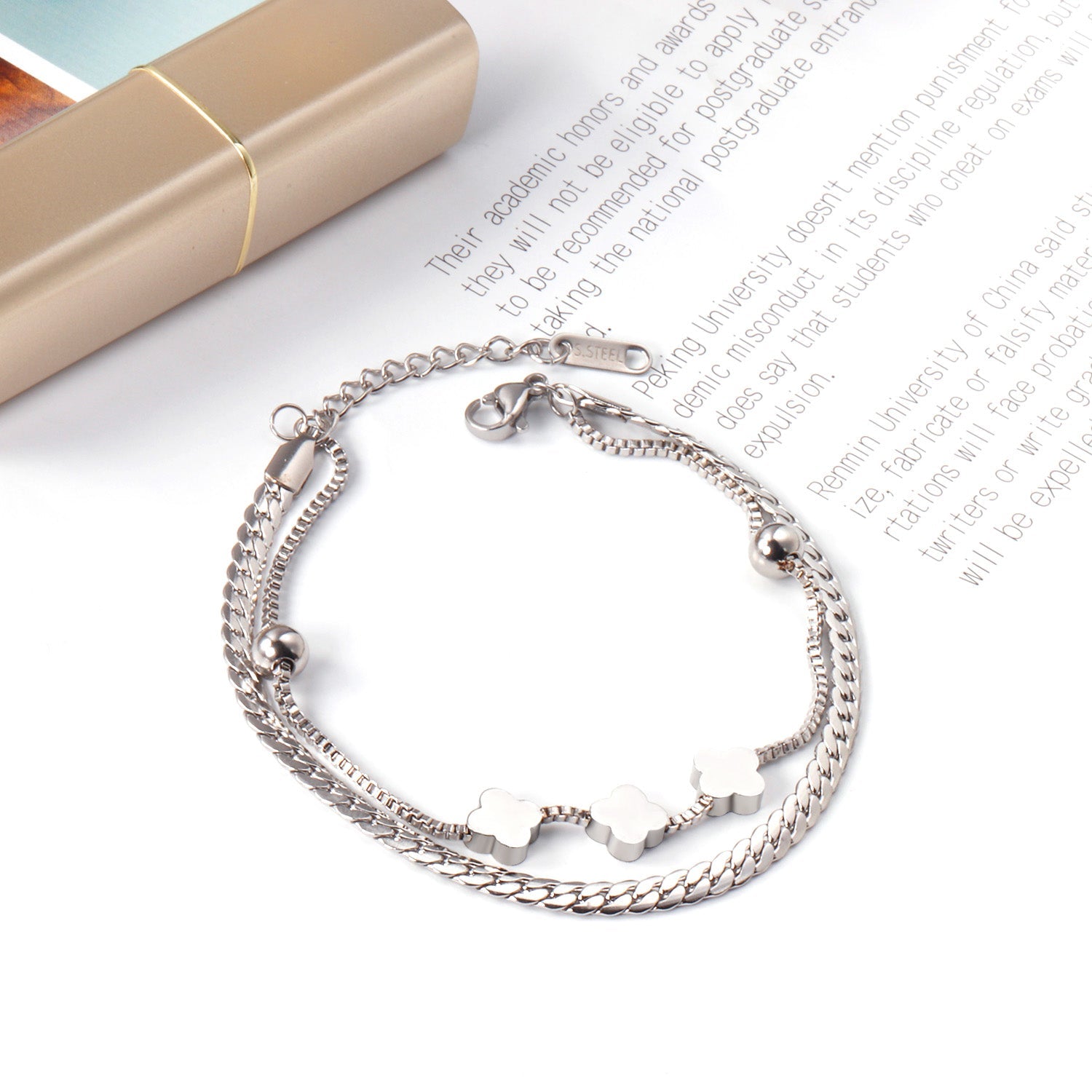 6mm steel beads + 8mm clover with steel beads bracelet 18+3cm asonjewelry