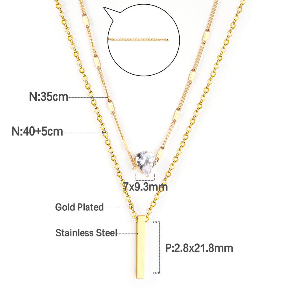 Heart Shaped Diamond + Rectangular Bar Pendant Double Chain 40+35+5cm Gold color asonjewelry