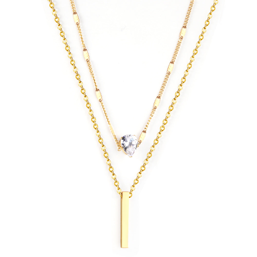 Heart Shaped Diamond + Rectangular Bar Pendant Double Chain 40+35+5cm Gold color asonjewelry