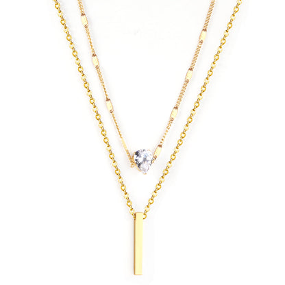 Heart Shaped Diamond + Rectangular Bar Pendant Double Chain 40+35+5cm Gold color asonjewelry