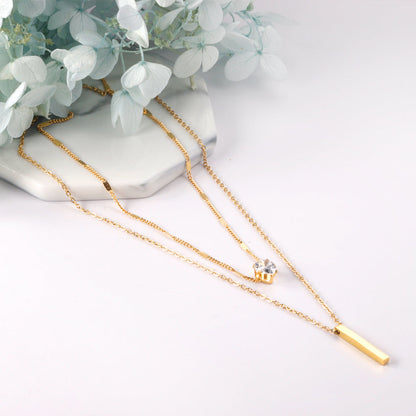 Heart Shaped Diamond + Rectangular Bar Pendant Double Chain 40+35+5cm Gold color asonjewelry