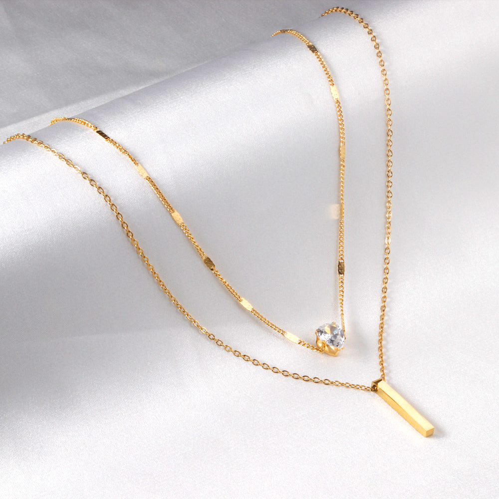 Heart Shaped Diamond + Rectangular Bar Pendant Double Chain 40+35+5cm Gold color asonjewelry