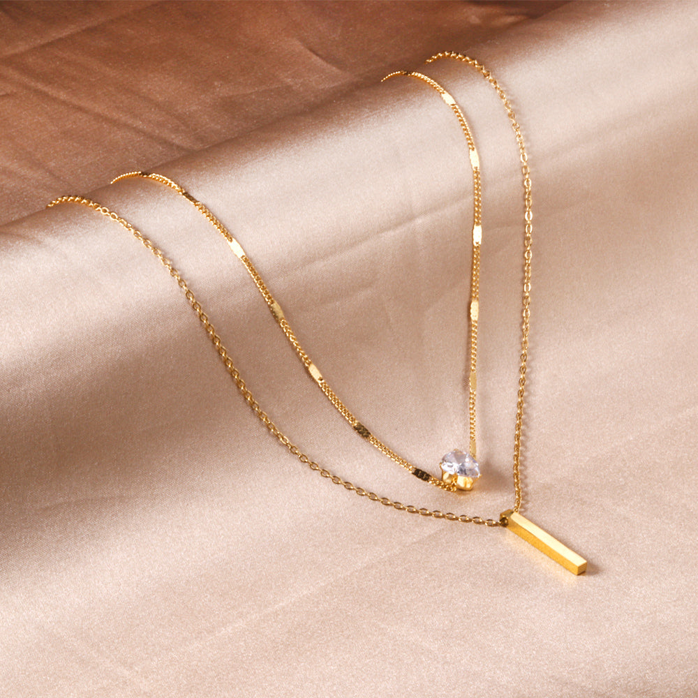 Heart Shaped Diamond + Rectangular Bar Pendant Double Chain 40+35+5cm Gold color asonjewelry