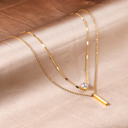 Heart Shaped Diamond + Rectangular Bar Pendant Double Chain 40+35+5cm Gold color asonjewelry