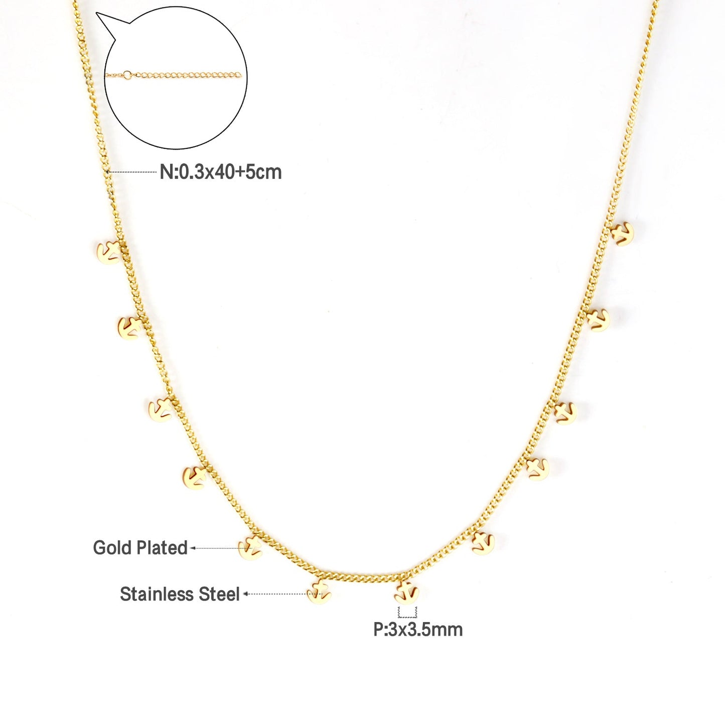 0.3 Side chain 40+5cm soldered 12pcs 3*3.5mm anchor necklace in glossy color asonjewelry