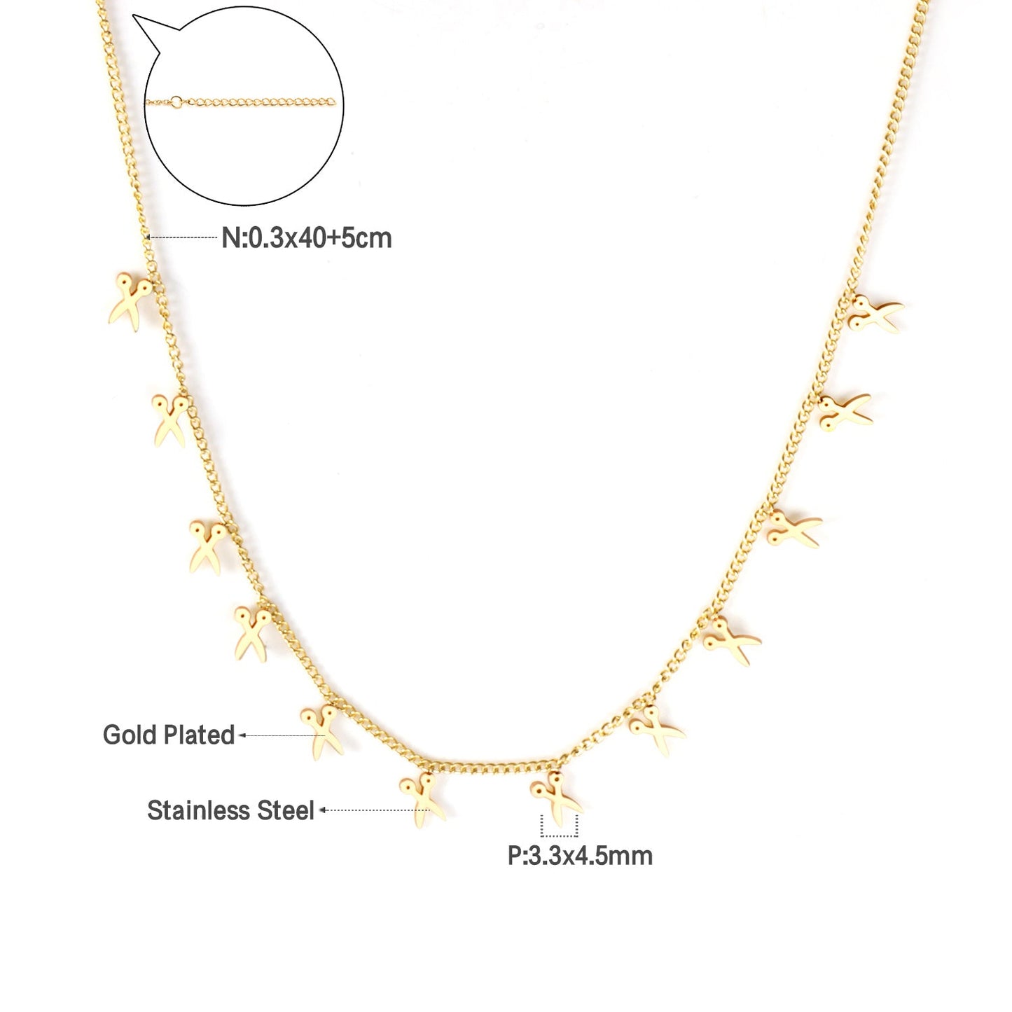 0.3 Side chain 40+5cm welded 12 necklaces with scissors 3.3*4.5mm in glossy finish. asonjewelry