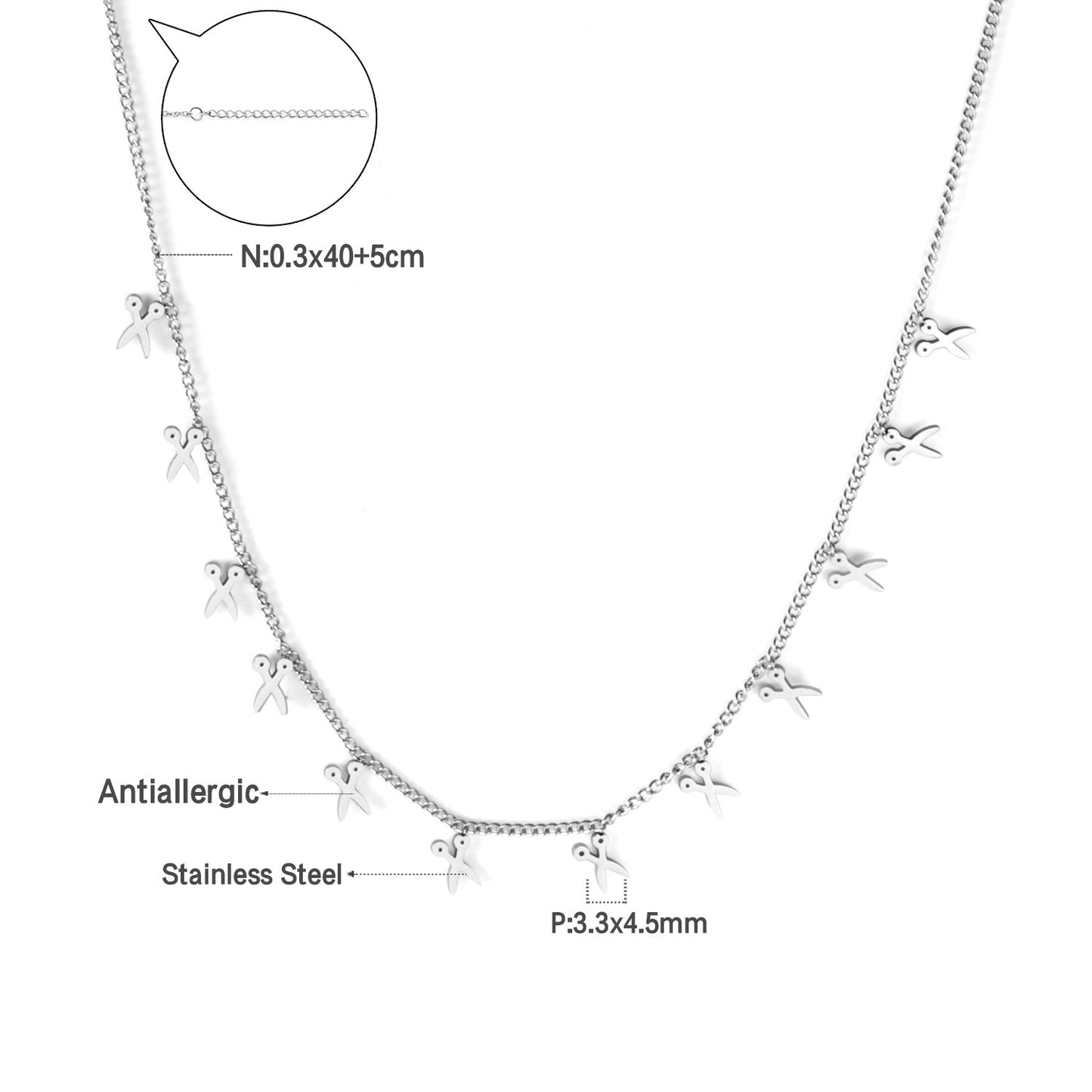 0.3 Side chain 40+5cm welded 12 necklaces with scissors 3.3*4.5mm in glossy finish. asonjewelry