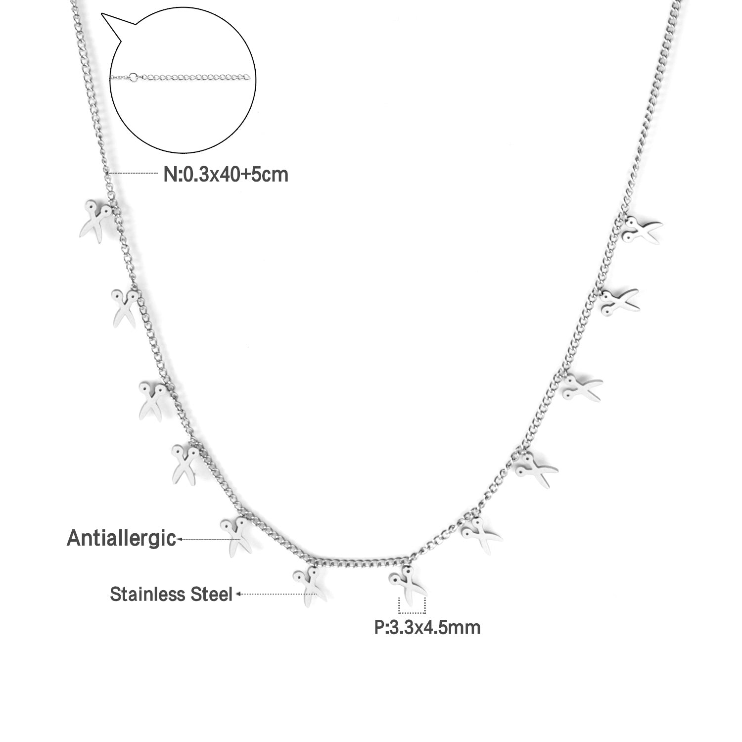 0.3 Side chain 40+5cm welded 12 necklaces with scissors 3.3*4.5mm in glossy finish. asonjewelry