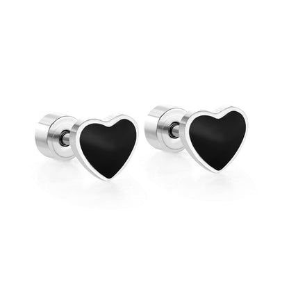 12 pairs 4mm round cake + 6mm drop black oil peach heart stud earrings steel color/gold color asonjewelry