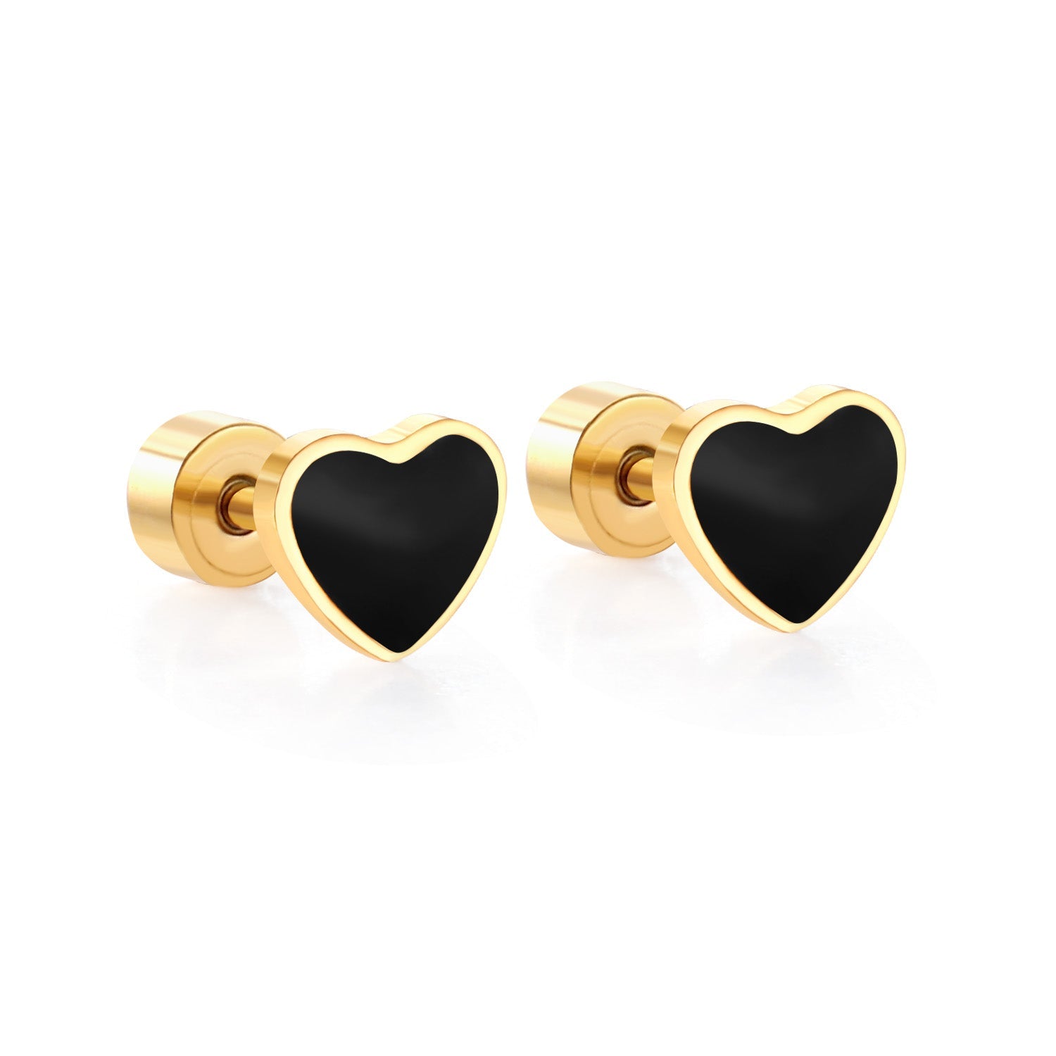 12 pairs 4mm round cake + 6mm drop black oil peach heart stud earrings steel color/gold color asonjewelry