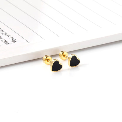 12 pairs 4mm round cake + 6mm drop black oil peach heart stud earrings steel color/gold color asonjewelry