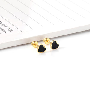 12 pairs 4mm round cake + 6mm drop black oil peach heart stud earrings steel color/gold color