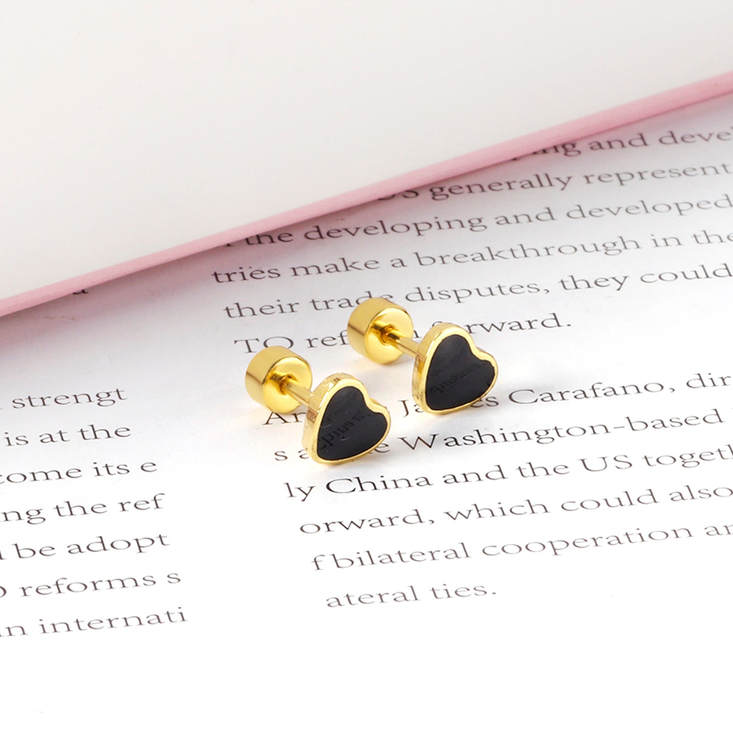 12 pairs 4mm round cake + 6mm drop black oil peach heart stud earrings steel color/gold color asonjewelry