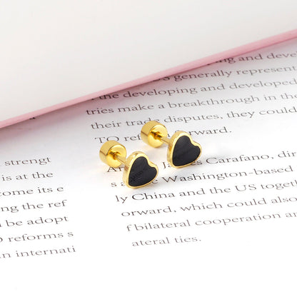12 pairs 4mm round cake + 6mm drop black oil peach heart stud earrings steel color/gold color asonjewelry