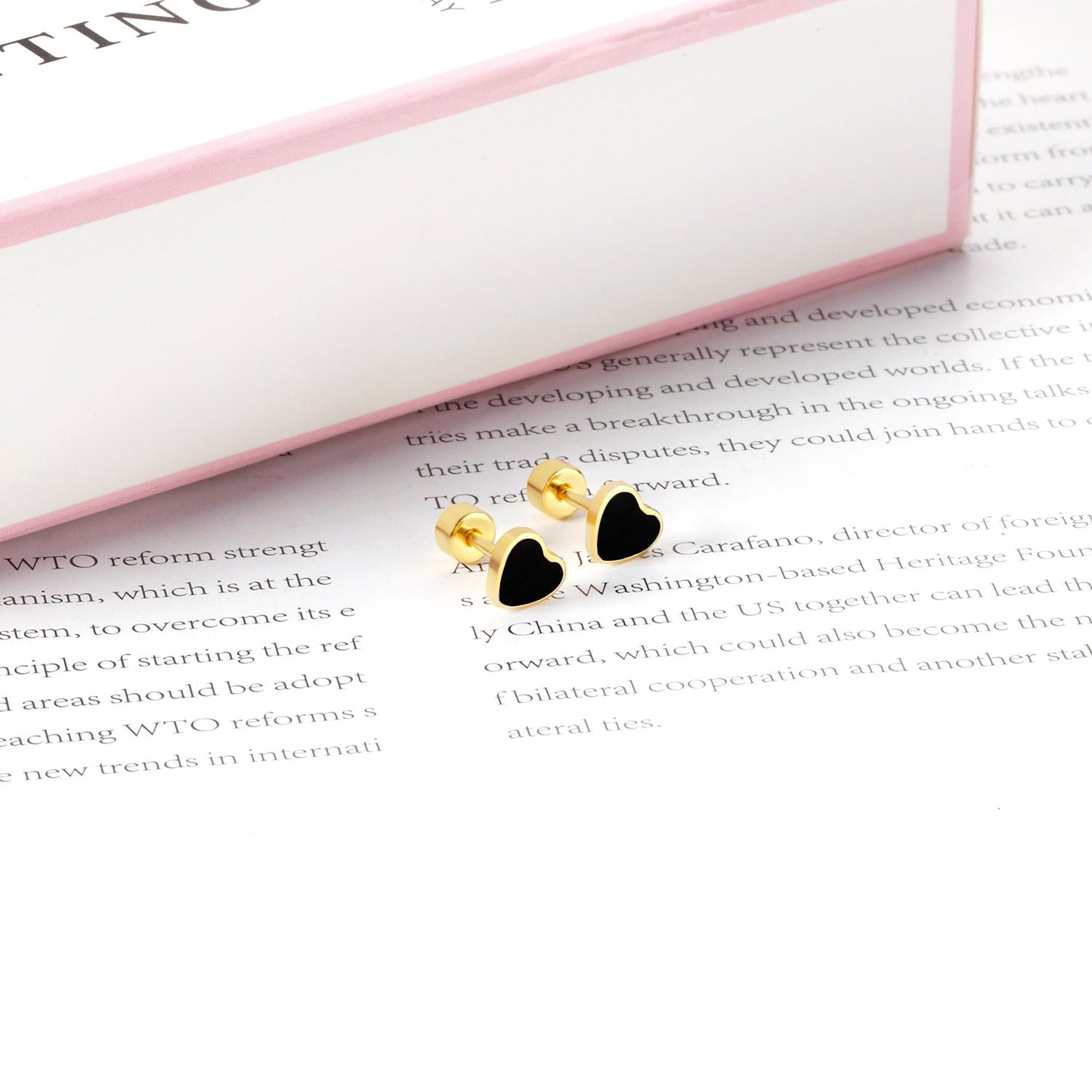 12 pairs 4mm round cake + 6mm drop black oil peach heart stud earrings steel color/gold color asonjewelry
