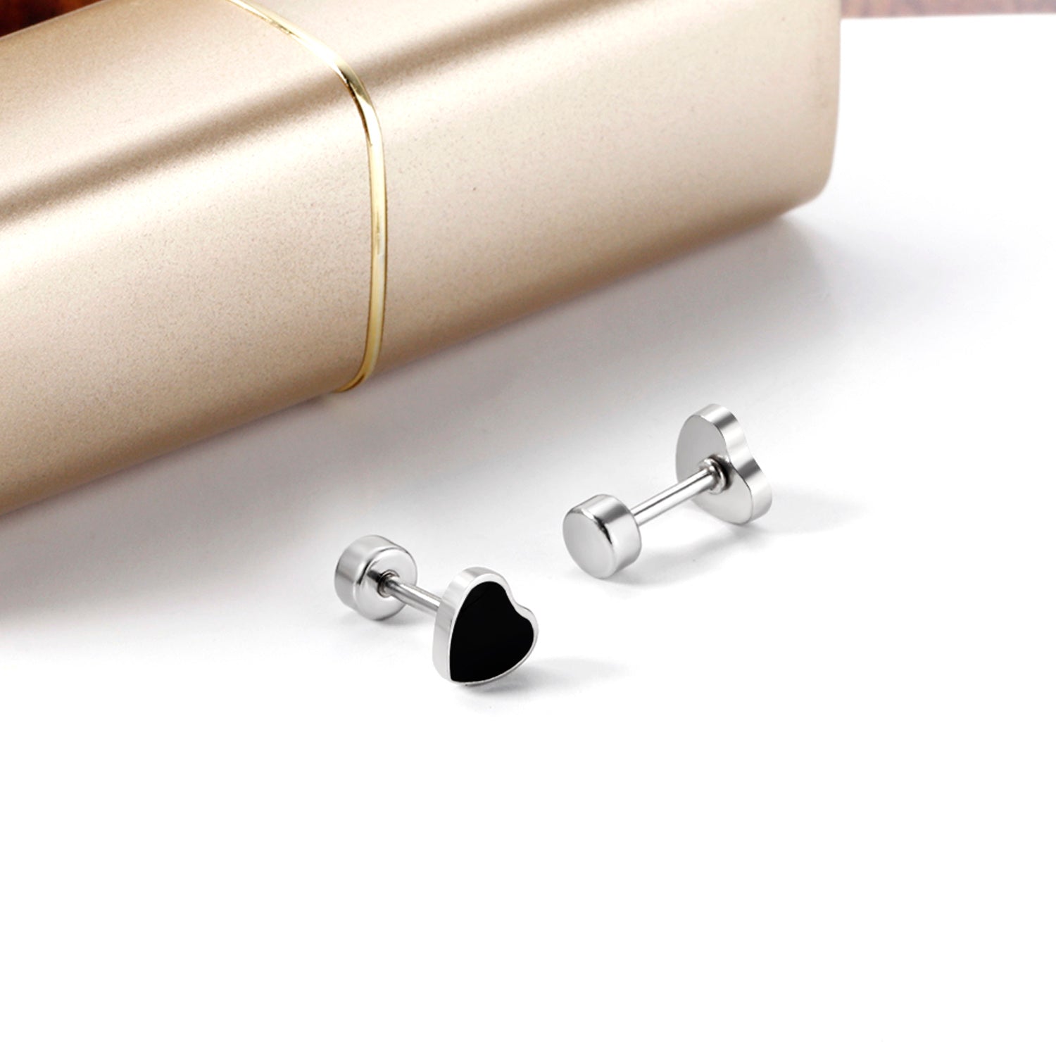 12 pairs 4mm round cake + 6mm drop black oil peach heart stud earrings steel color/gold color asonjewelry