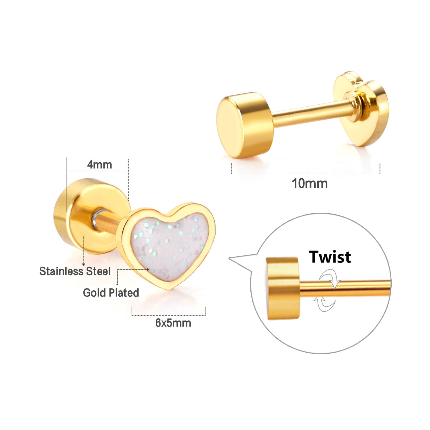 12 pairs 4mm round cake + 6 * 5mm peach drop glitter powder oil mix 6 colors earrings steel / gold asonjewelry