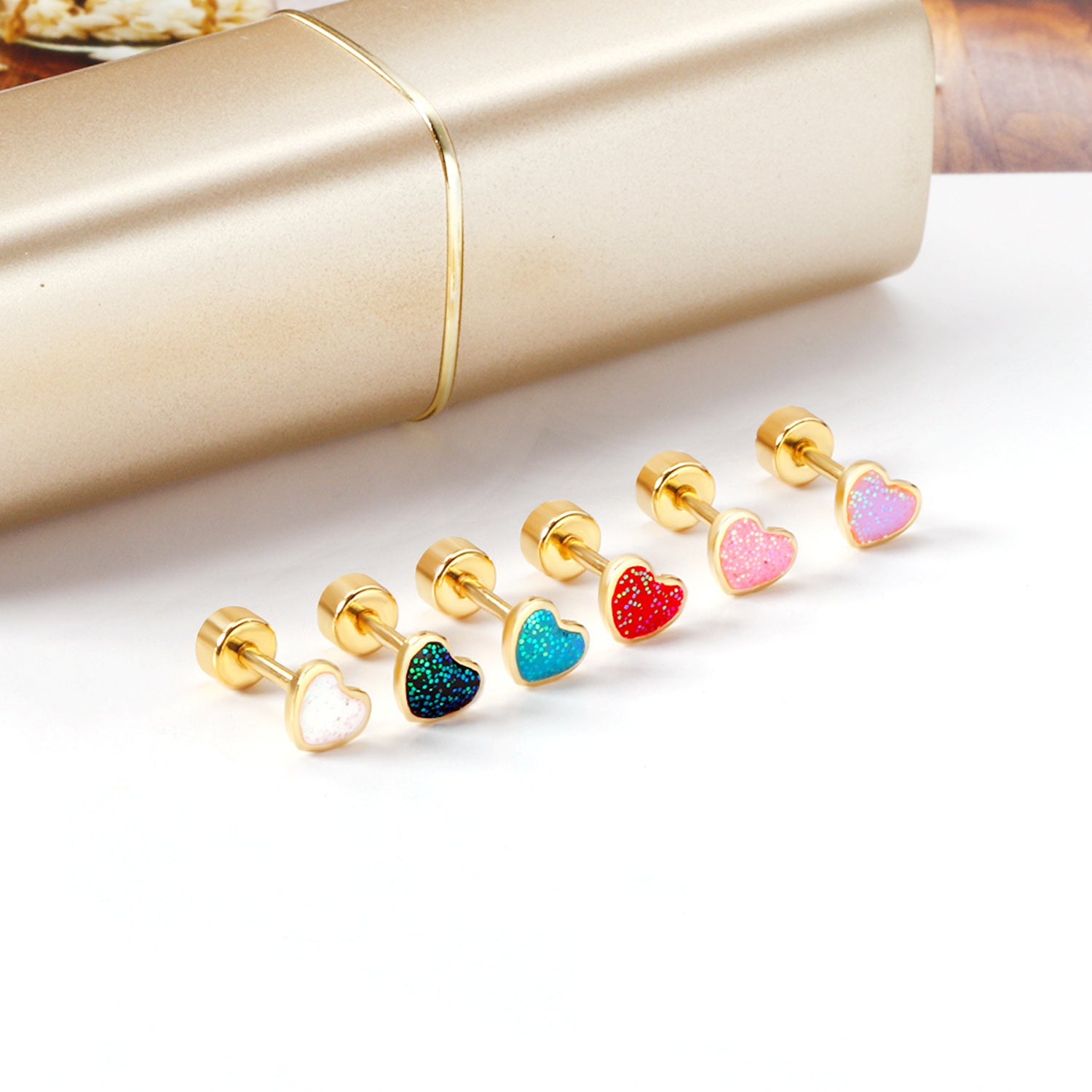 12 pairs 4mm round cake + 6 * 5mm peach drop glitter powder oil mix 6 colors earrings steel / gold asonjewelry