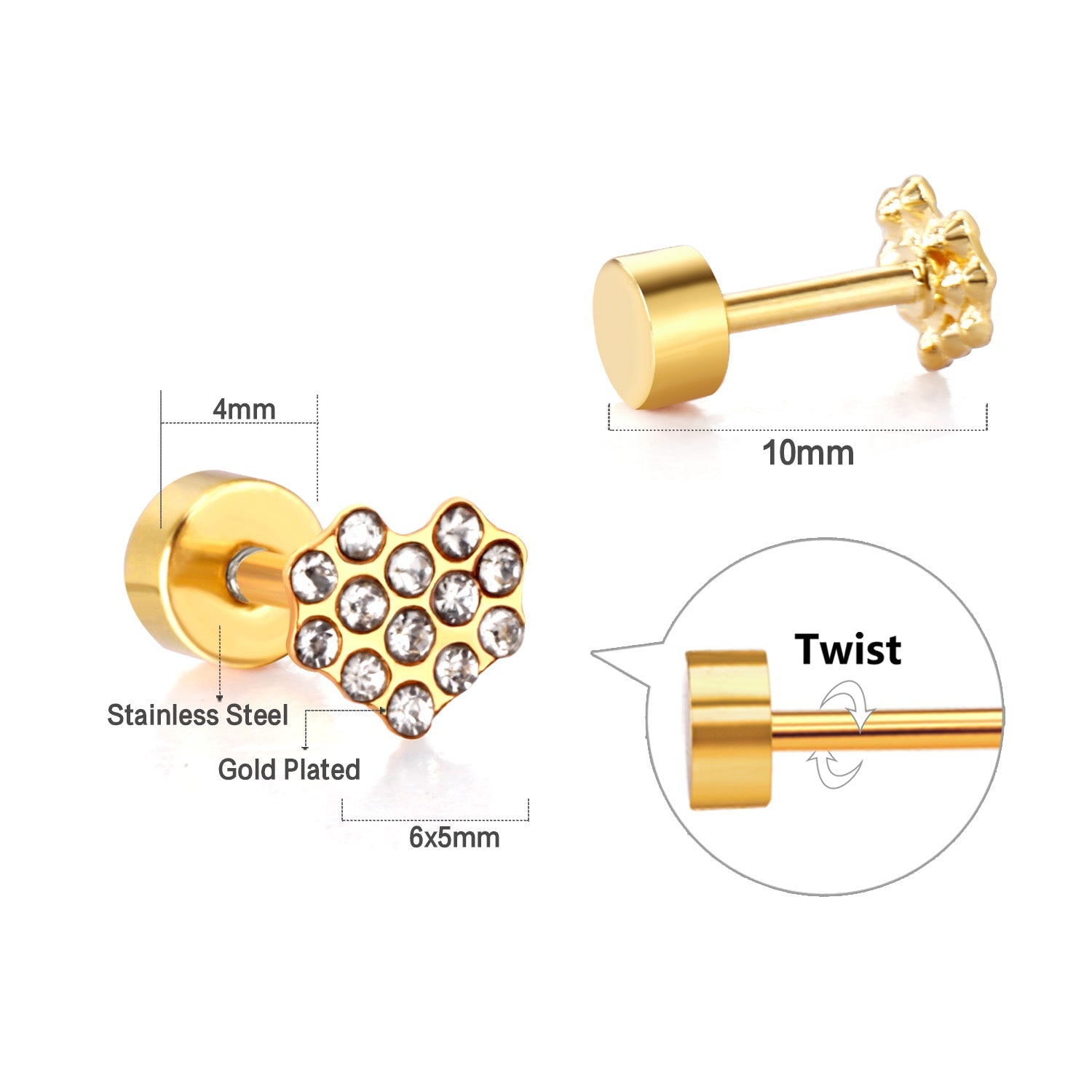 12 pairs 4mm round cake +6*5mm multi diamond peach heart mixed 6 colors earrings steel/golden asonjewelry