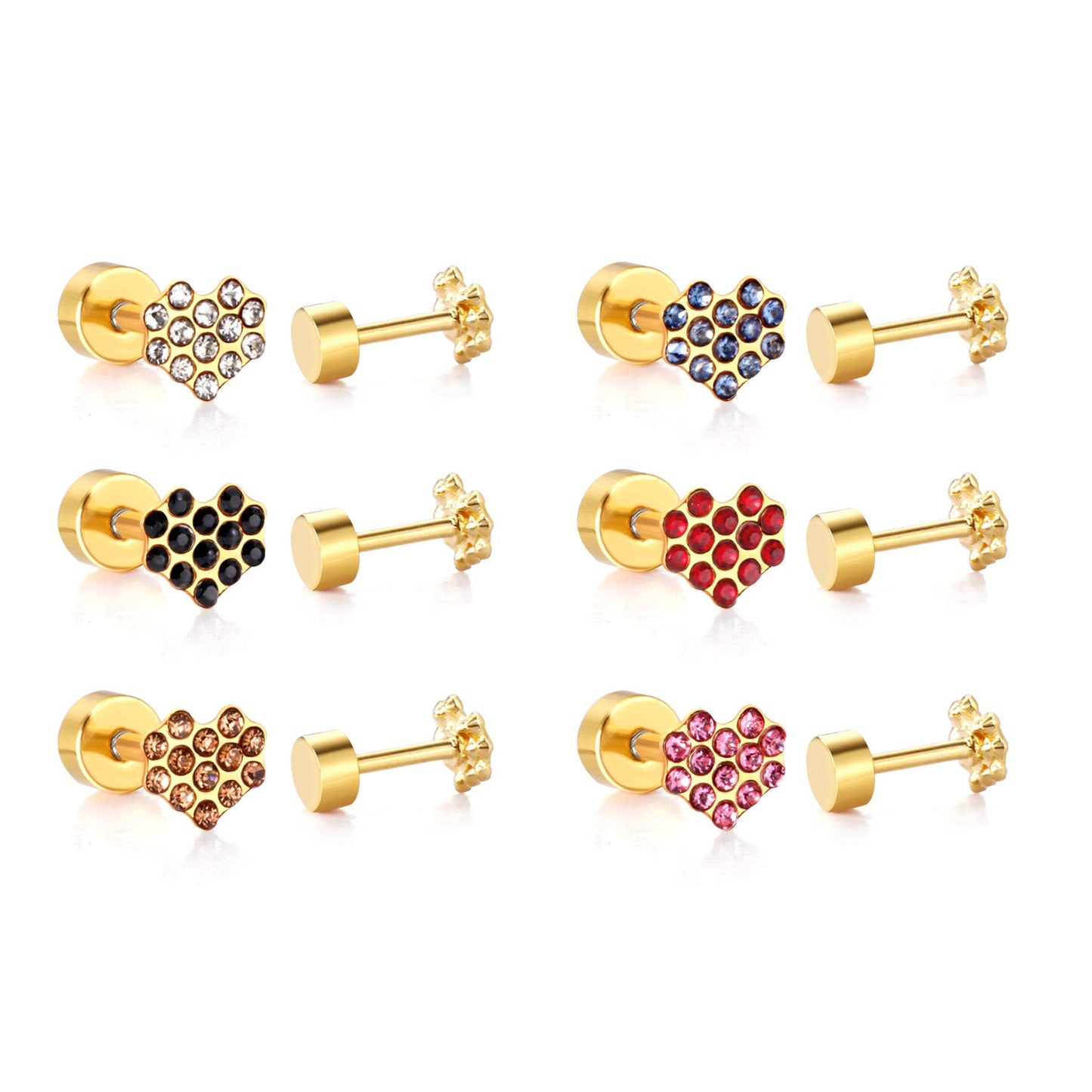 12 pairs 4mm round cake +6*5mm multi diamond peach heart mixed 6 colors earrings steel/golden asonjewelry