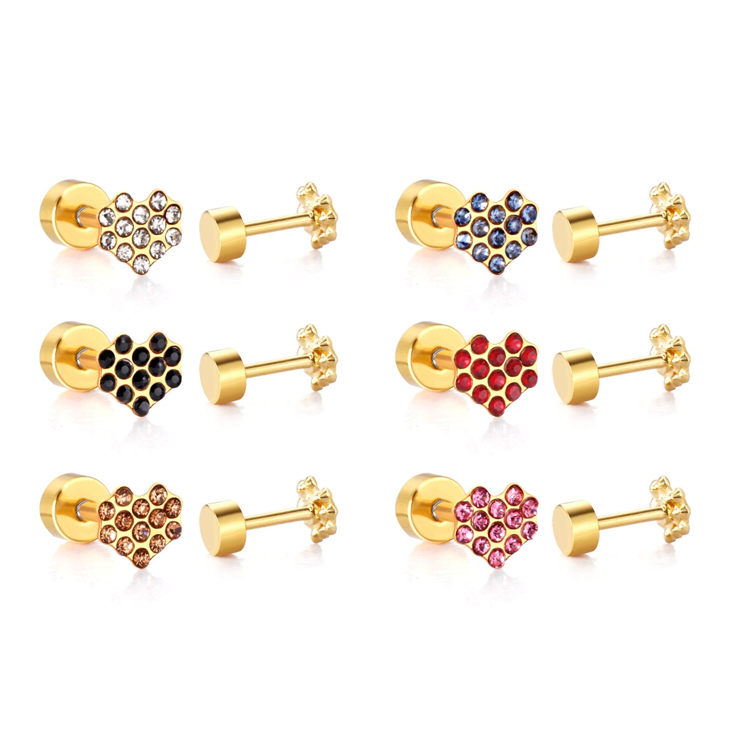 12 pairs 4mm round cake +6*5mm multi diamond peach heart mixed 6 colors earrings steel/golden asonjewelry