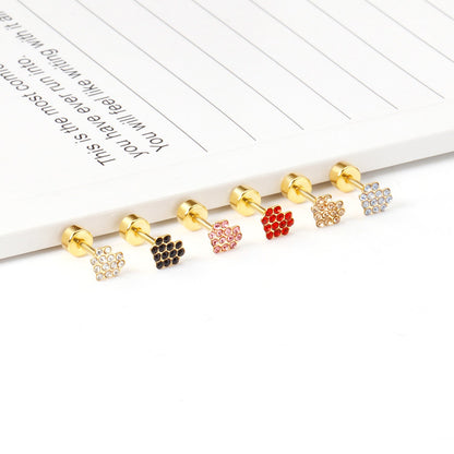 12 pairs 4mm round cake +6*5mm multi diamond peach heart mixed 6 colors earrings steel/golden asonjewelry