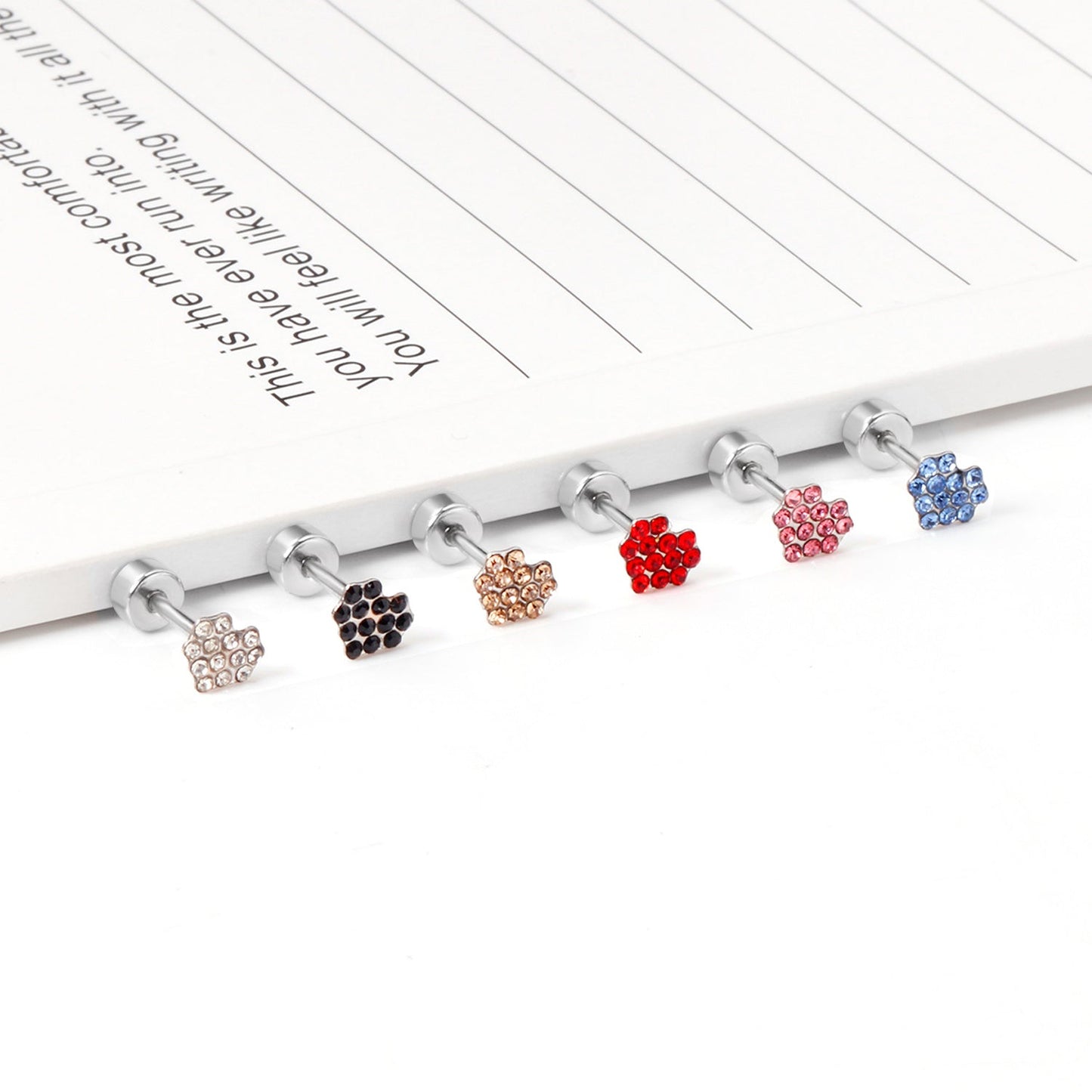 12 pairs 4mm round cake +6*5mm multi diamond peach heart mixed 6 colors earrings steel/golden asonjewelry