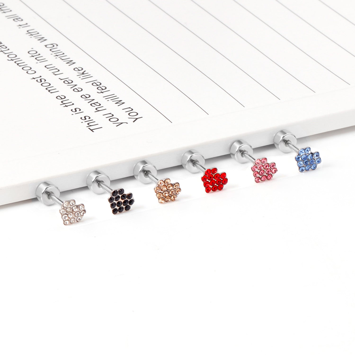 12 pairs 4mm round cake +6*5mm multi diamond peach heart mixed 6 colors earrings steel/golden asonjewelry