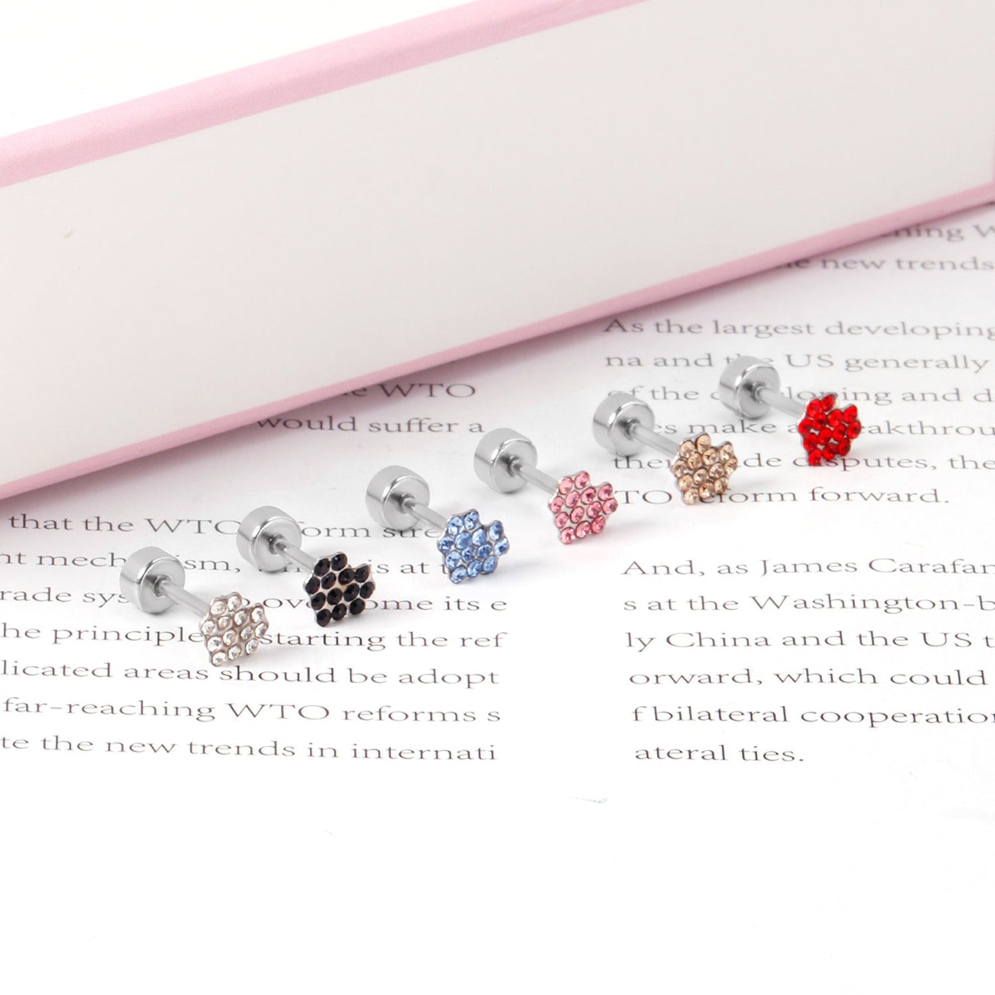 12 pairs 4mm round cake +6*5mm multi diamond peach heart mixed 6 colors earrings steel/golden asonjewelry