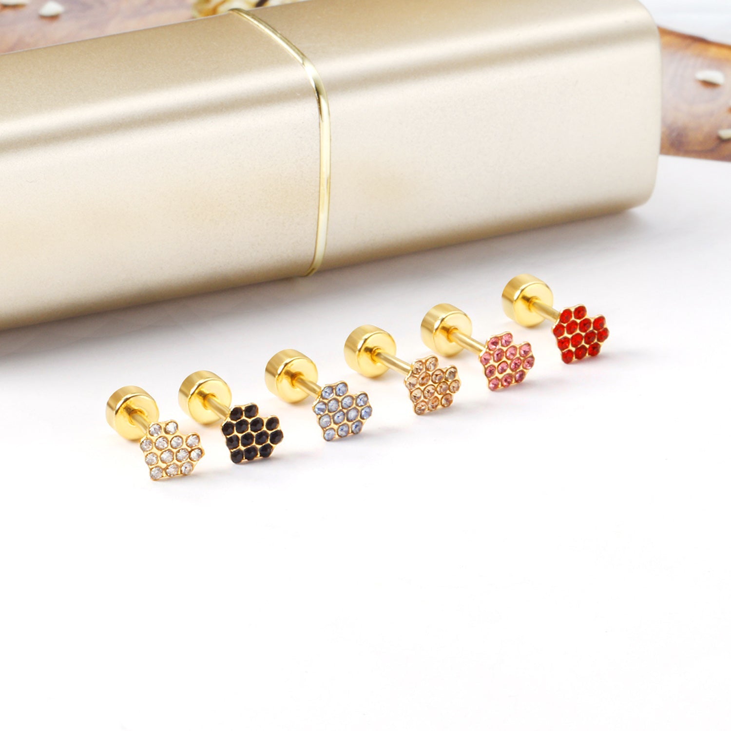 12 pairs 4mm round cake +6*5mm multi diamond peach heart mixed 6 colors earrings steel/golden asonjewelry