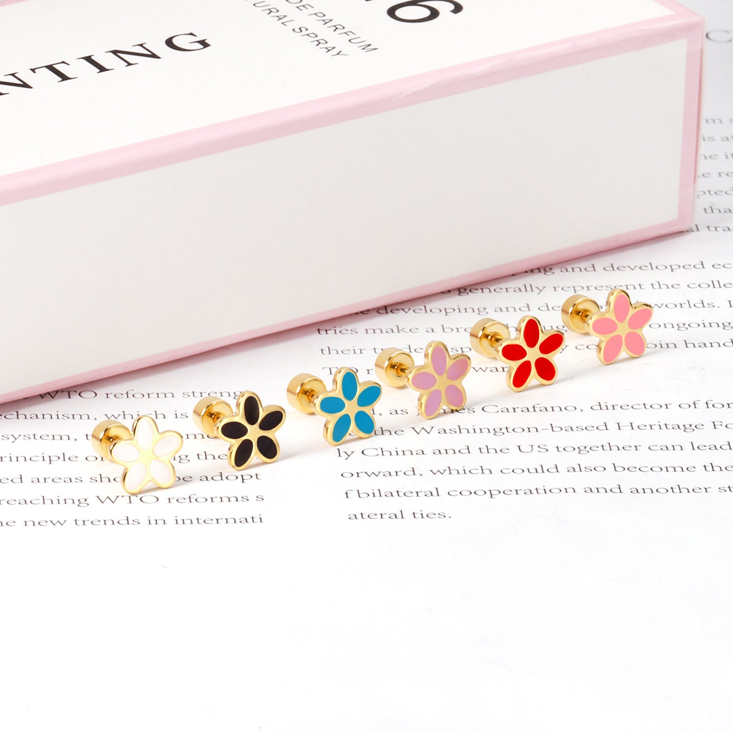 12 pairs 4mm round cake + 8mm cherry blossom mixed 6 colors studs steel / gold asonjewelry