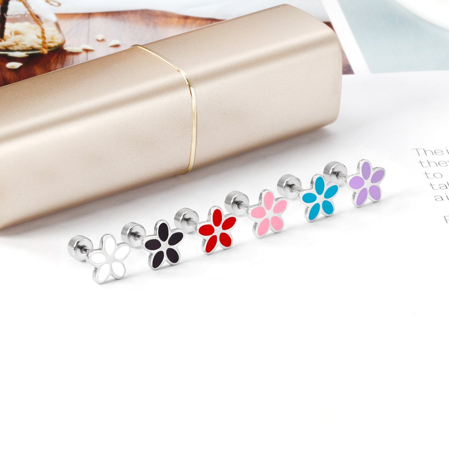 12 pairs 4mm round cake + 8mm cherry blossom mixed 6 colors studs steel / gold asonjewelry