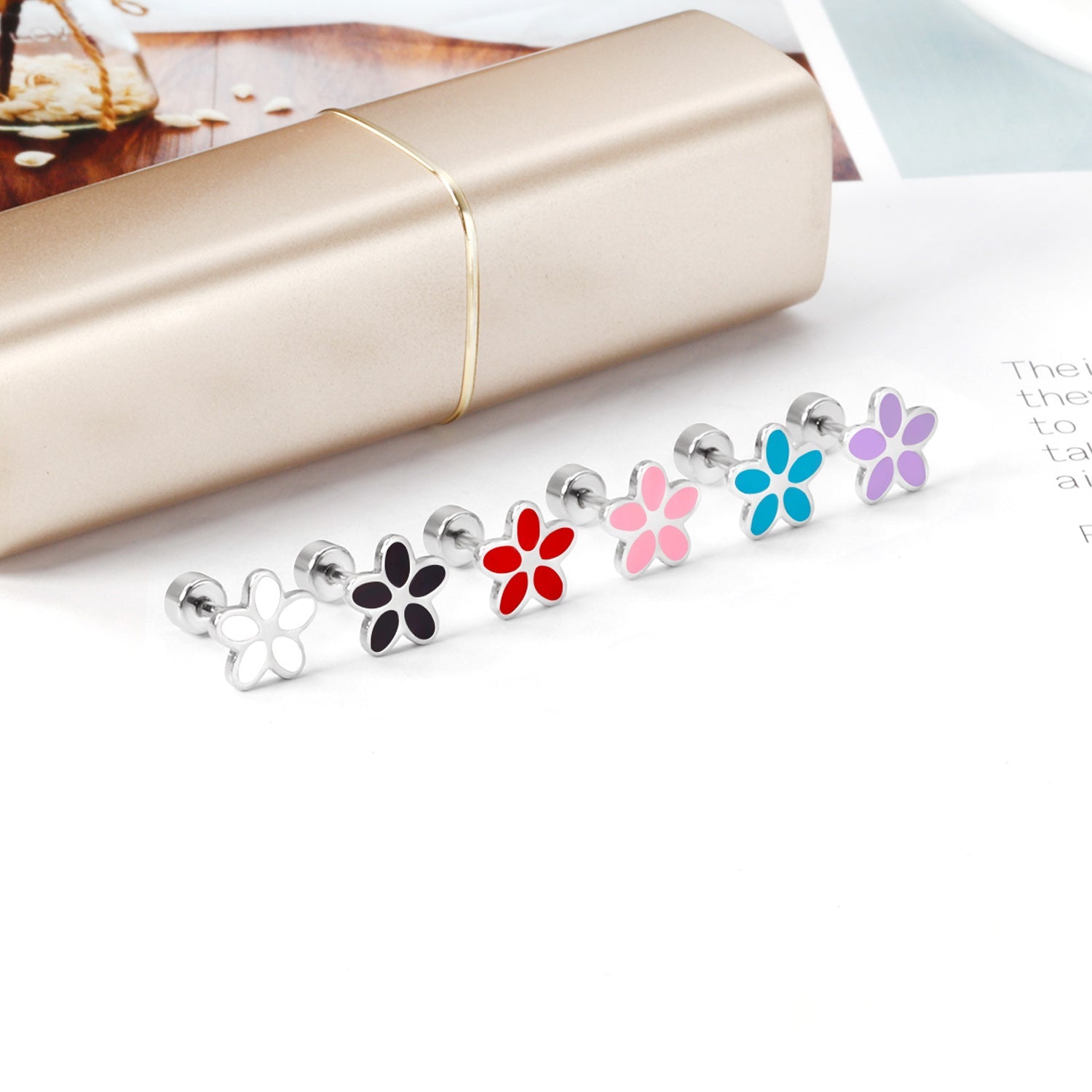 12 pairs 4mm round cake + 8mm cherry blossom mixed 6 colors studs steel / gold asonjewelry