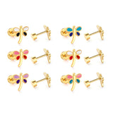 12 pairs 4mm round cake +8mm dragonfly mixed 6 colors earrings steel/golden