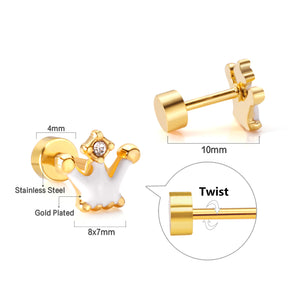 12 pairs 4mm round cake +8*7mm crown mix 6 colors studs steel/golden