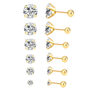 12 pairs 3mm/4mm/5mm/6mm/7mm/8mm gold/steel color four-grip round white diamond screw plugs