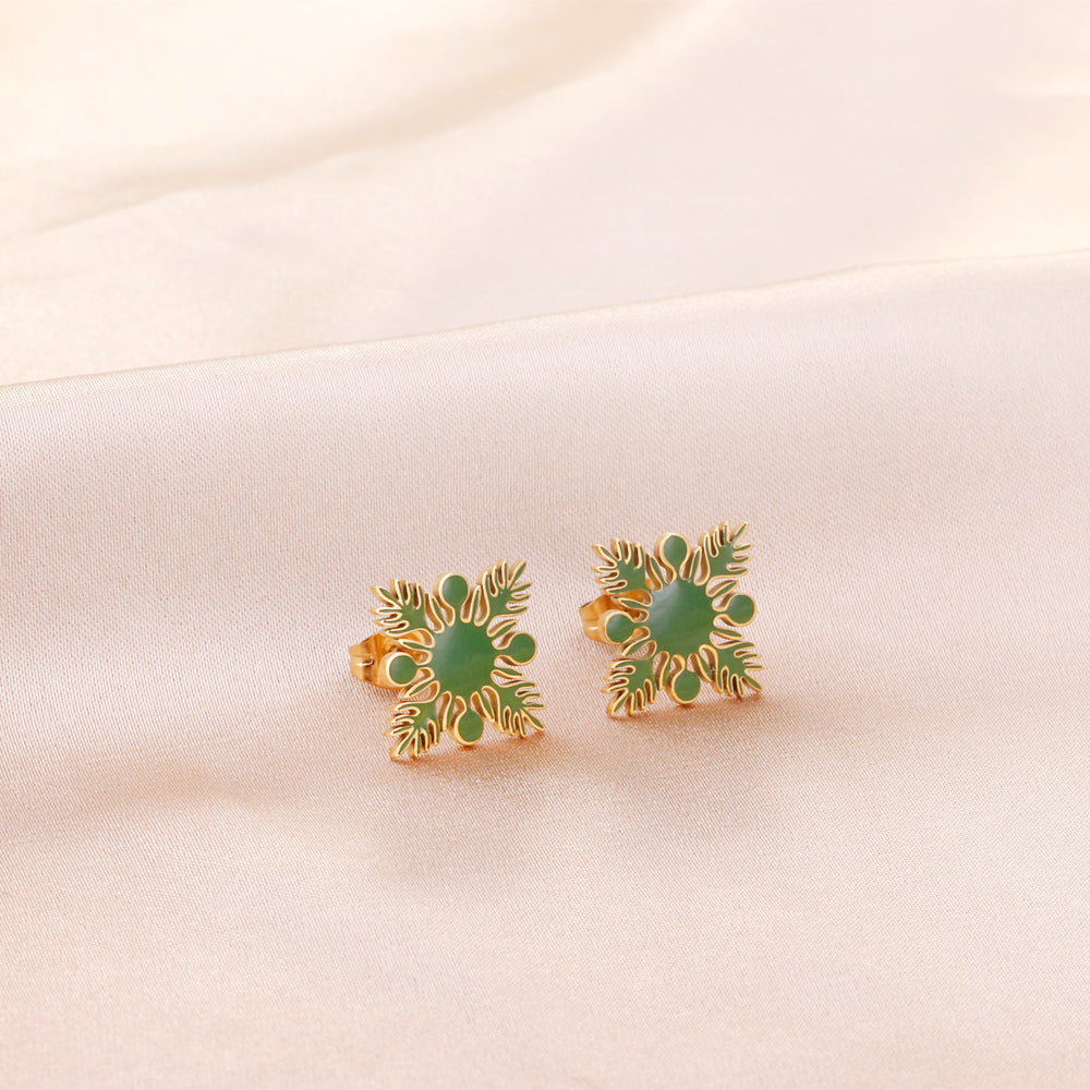 20.2*20.2mm orange/green four-petal flower leaf oil drop earrings gold color asonjewelry