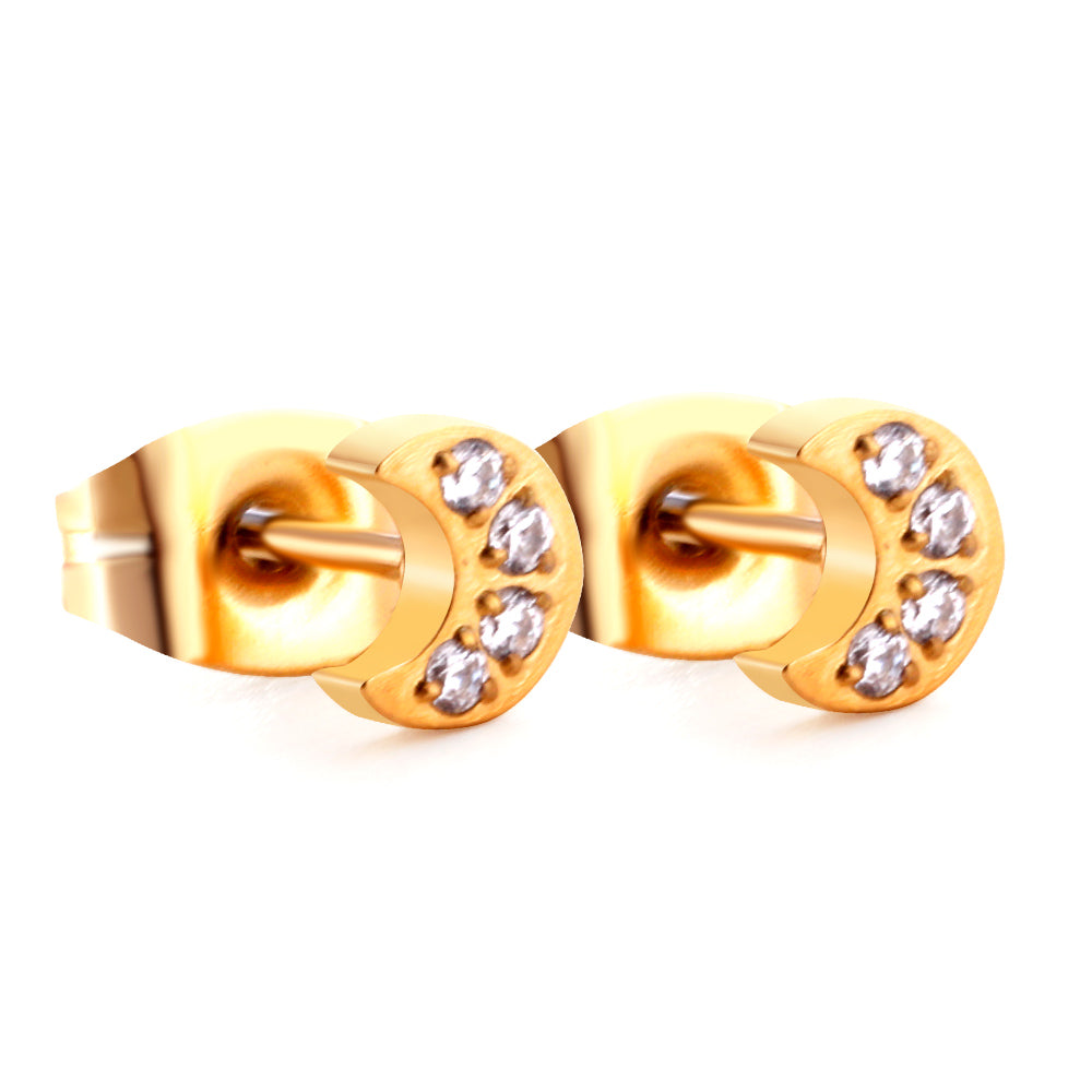 4.2*5mm Moon with CNC Zirconia Stud Earrings Steel Color/Golden Color asonjewelry