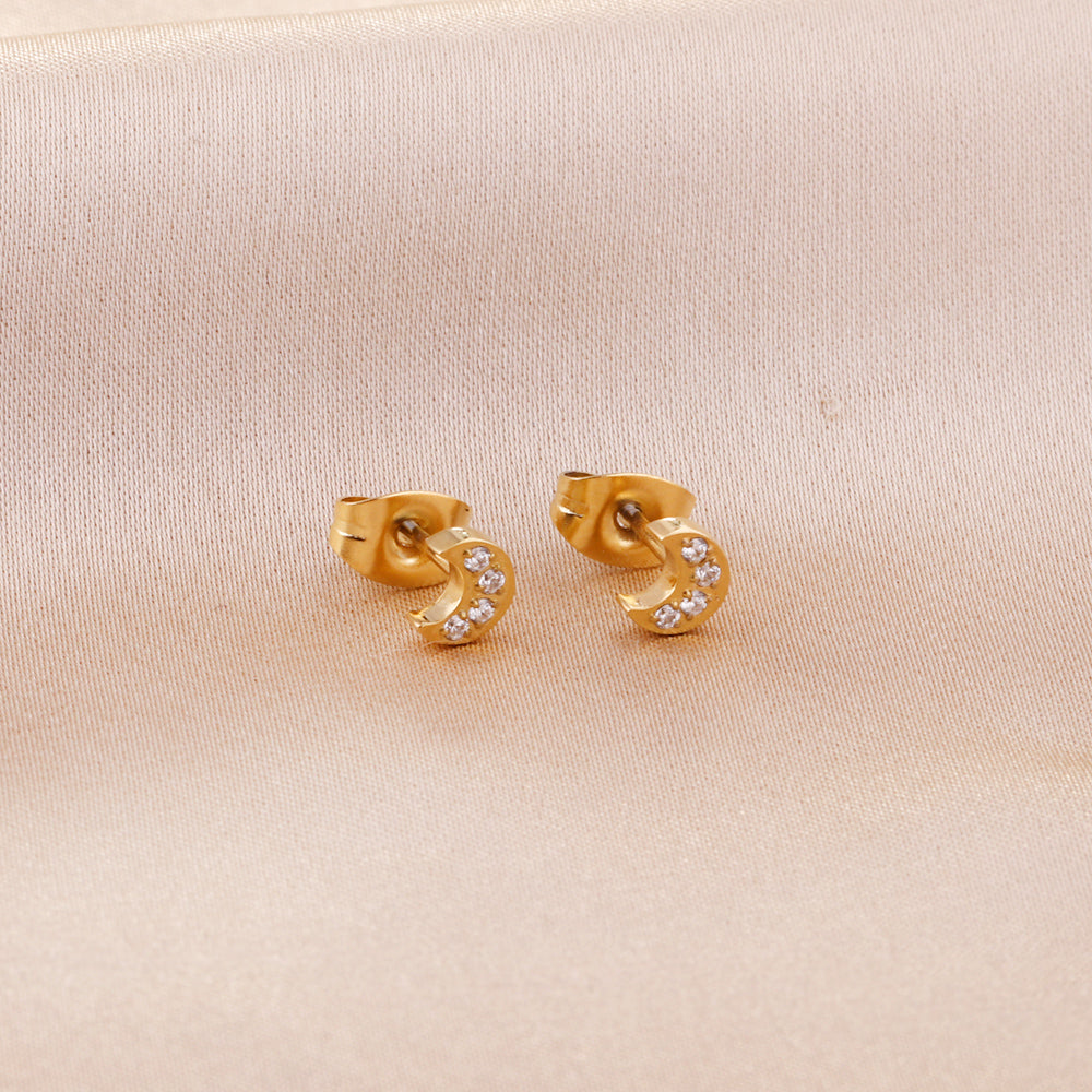 4.2*5mm Moon with CNC Zirconia Stud Earrings Steel Color/Golden Color asonjewelry