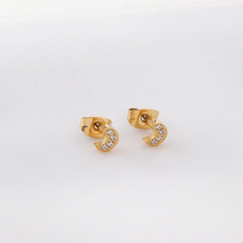 4.2*5mm Moon with CNC Zirconia Stud Earrings Steel Color/Golden Color asonjewelry