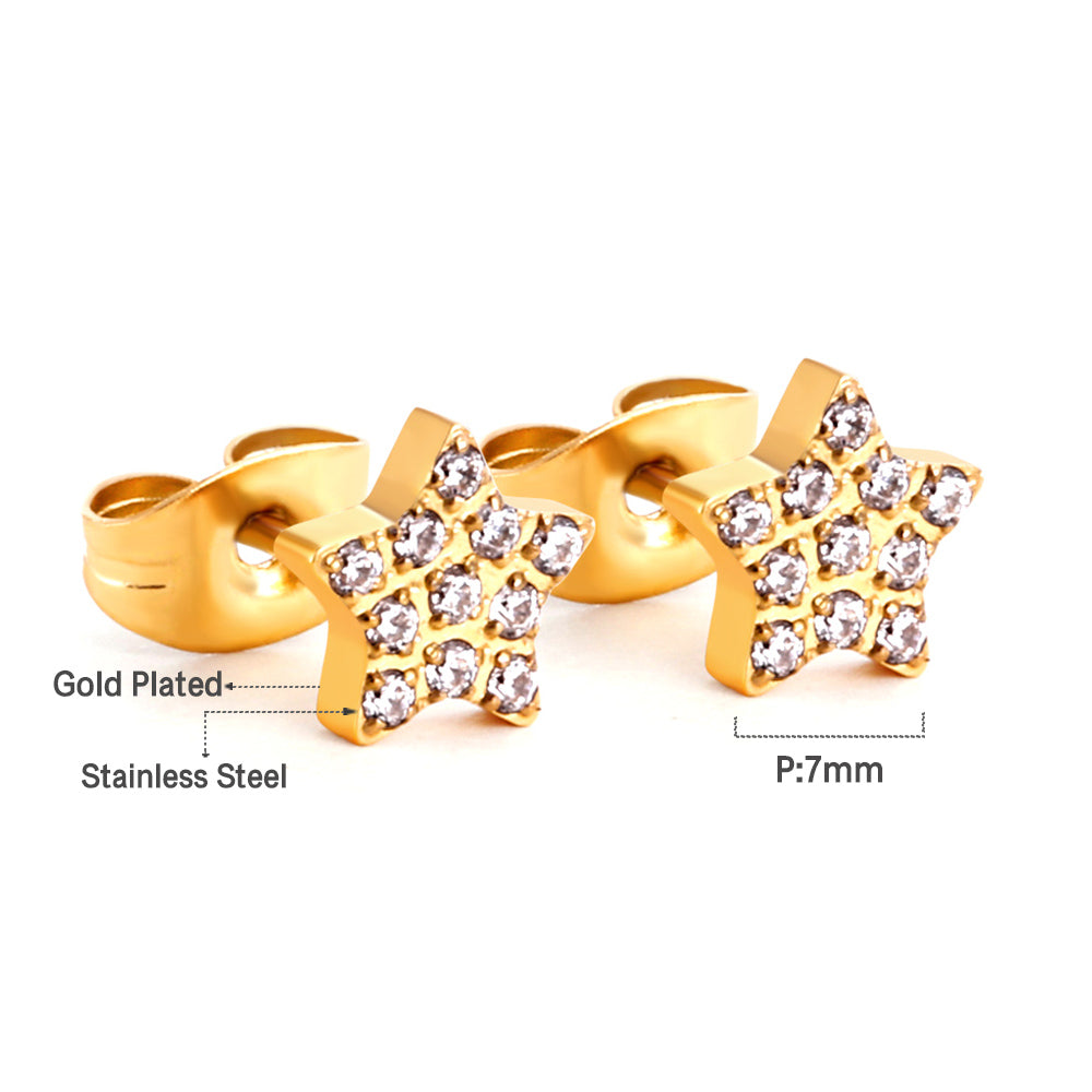 6.8mm Pentagram with CNC White Zirconia Stud Earrings Steel/Gold asonjewelry